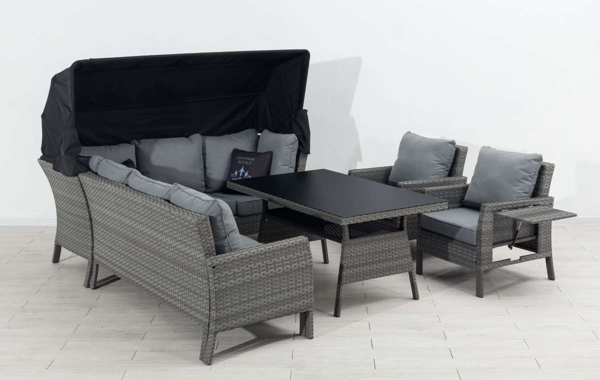 GENUA Ecklounge Polyrattan Garten Lounge Set mit Dach grau