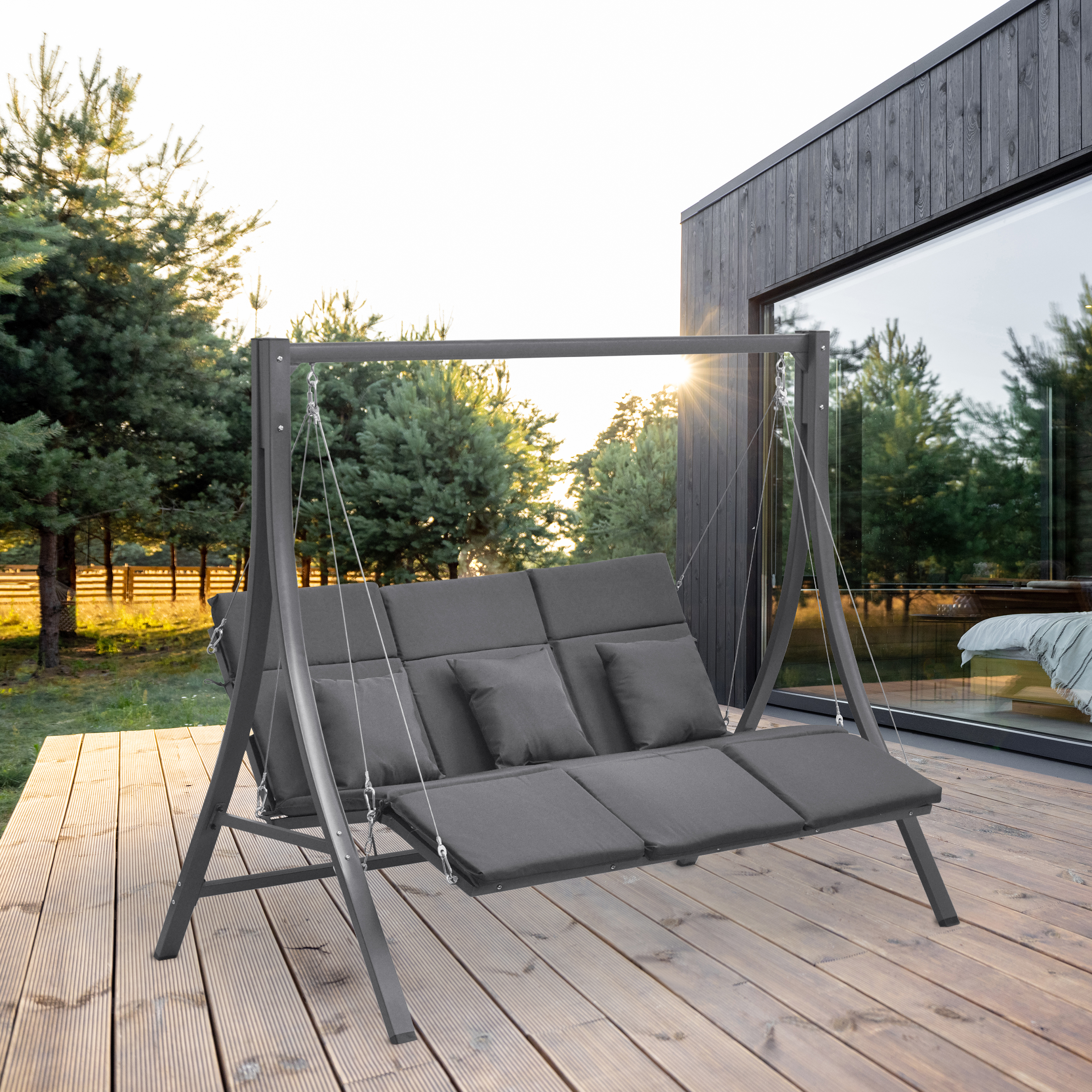 Liegefunktion 3-Sitzer MECHTILD Garten grau mit | Hollywoodschaukel | Gartenliegen